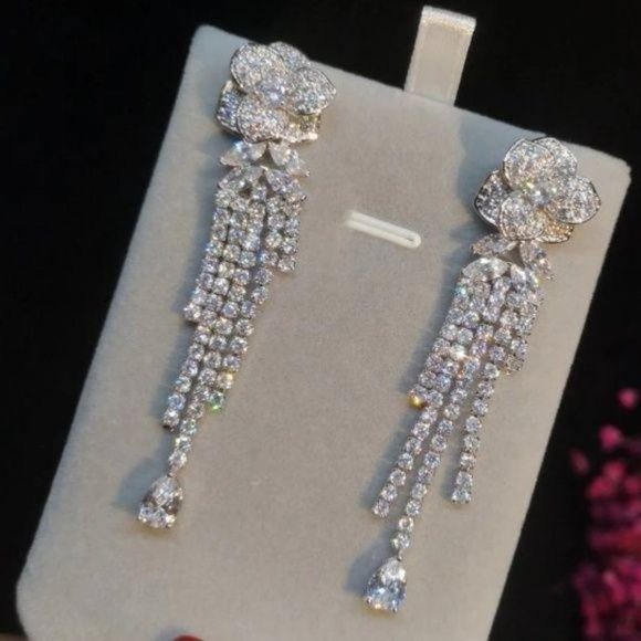 Crystals Rose Flower Long Short Tassels Earring - Picture 6 of 6